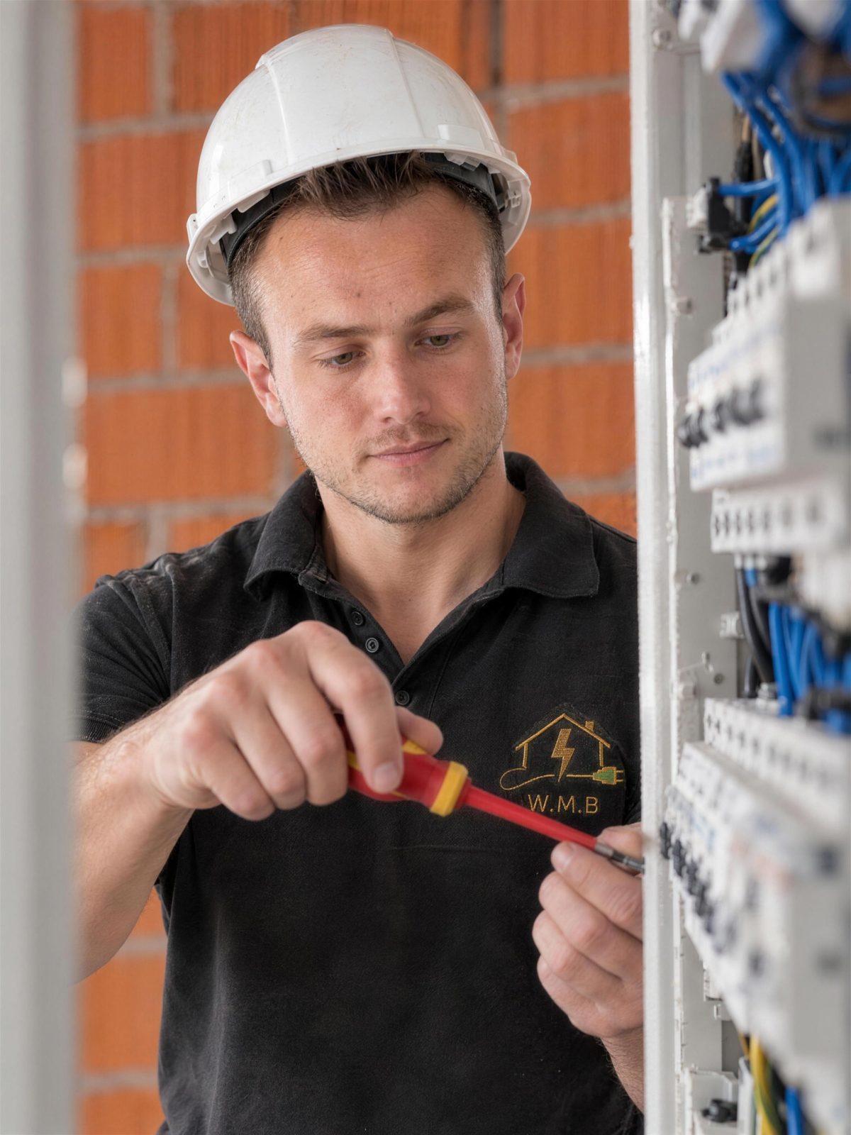 Elektryk Mateusz Woźniak podczas usuwania awarii w rozdzielnicy