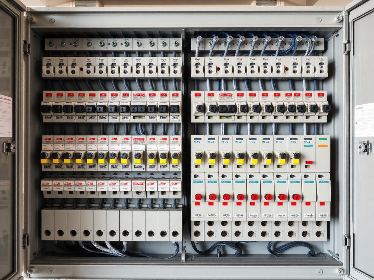 Rozdzielnica elektryczna z opisanymi obwodami i zabezpieczeniami